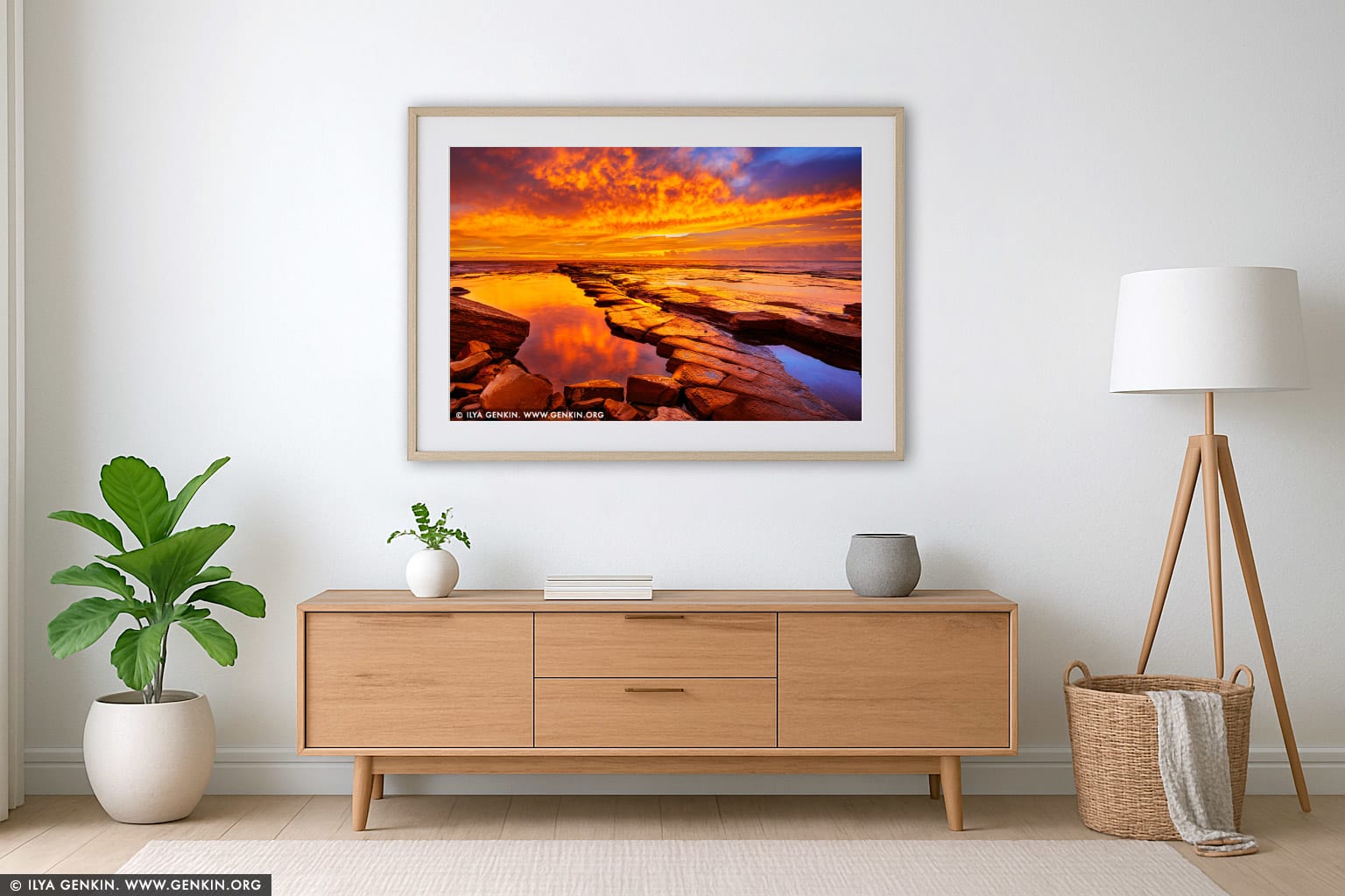 Dramatic Sunrise at Terrigal wall art in a minimalist living room interior