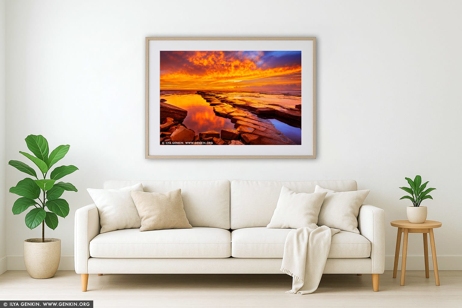 Dramatic Sunrise at Terrigal wall art in a modern living room interior