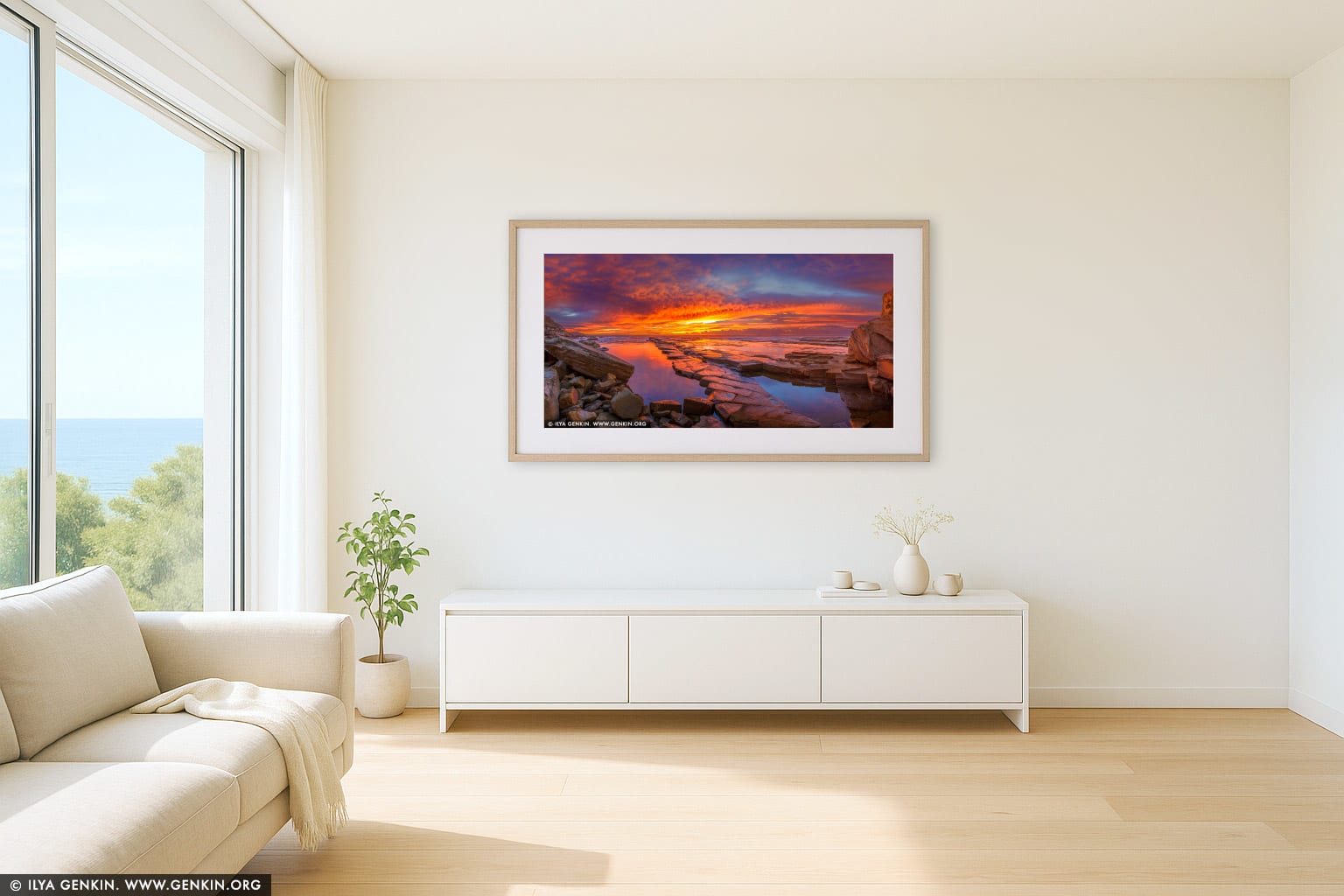 Vivid Sunrise at Terrigal wall art in a minimalist living room interior
