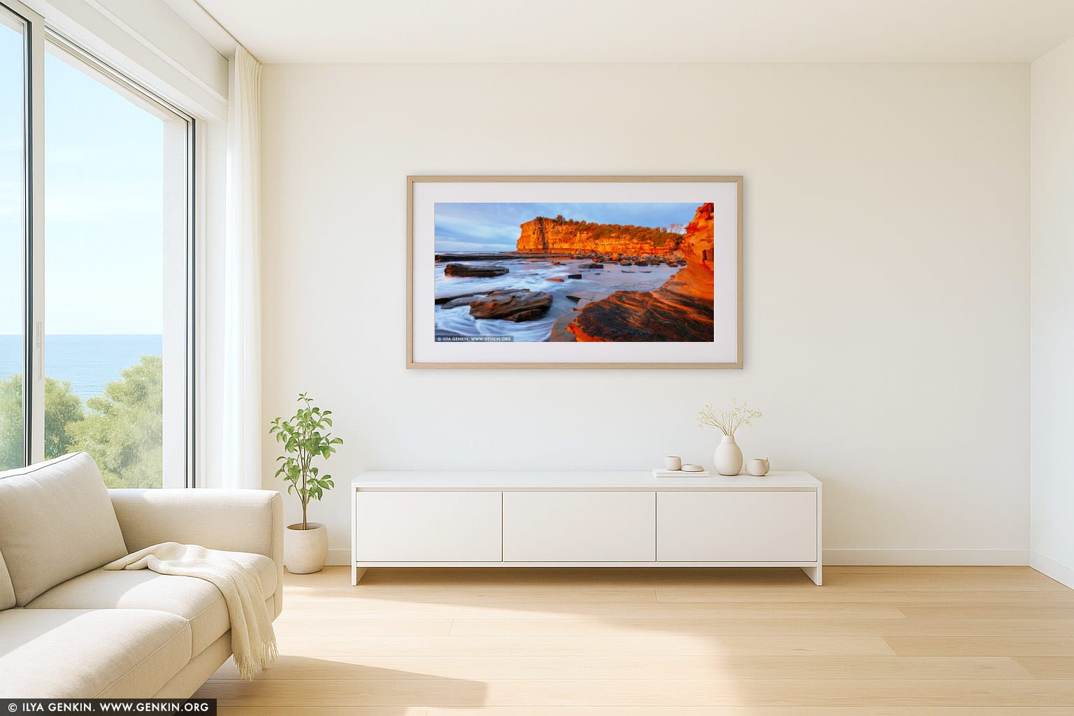 The Skillion at Sunrise wall art in a contemporary living room interior