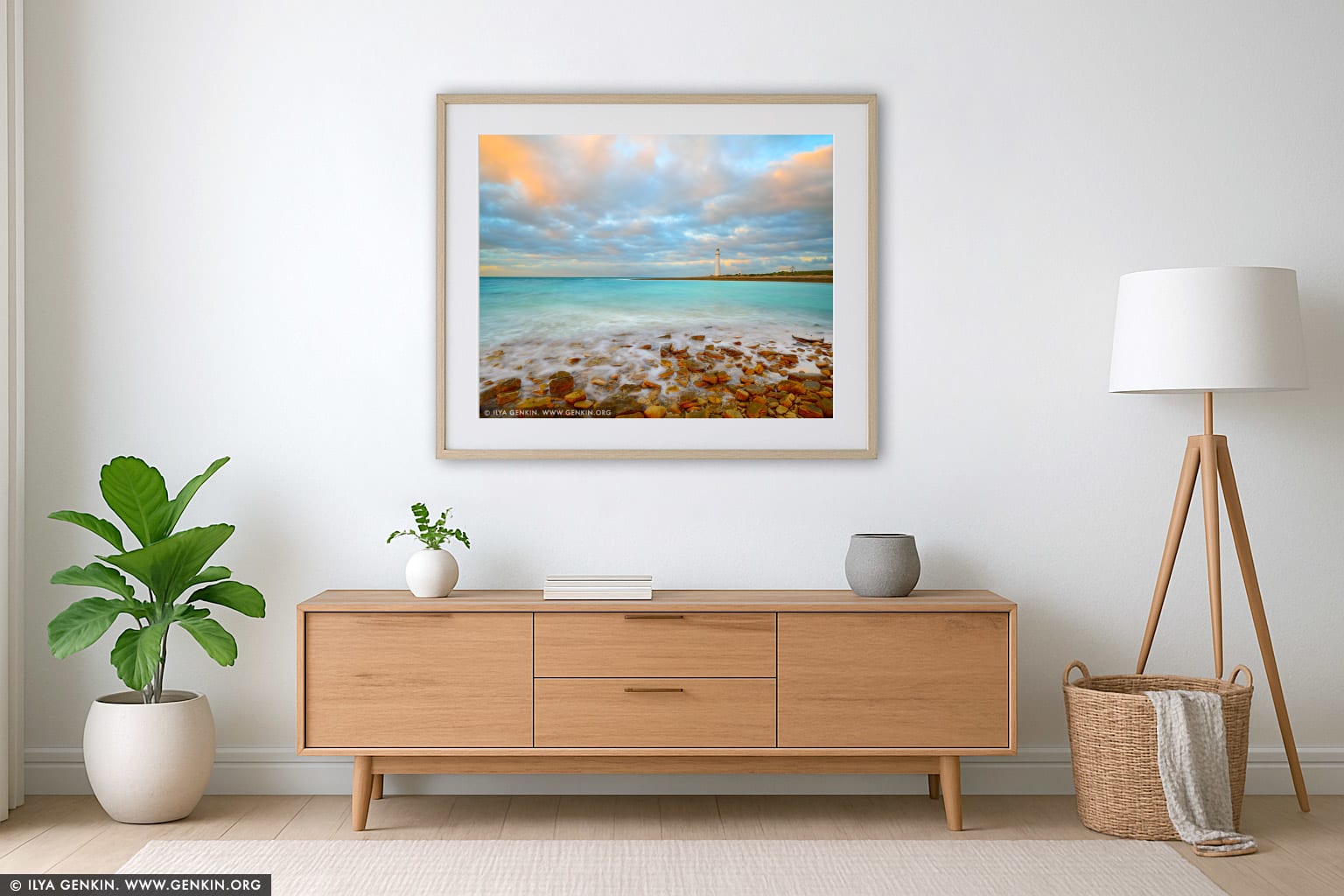 Point Lowly Lighthouse wall art in a minimalist living room interior