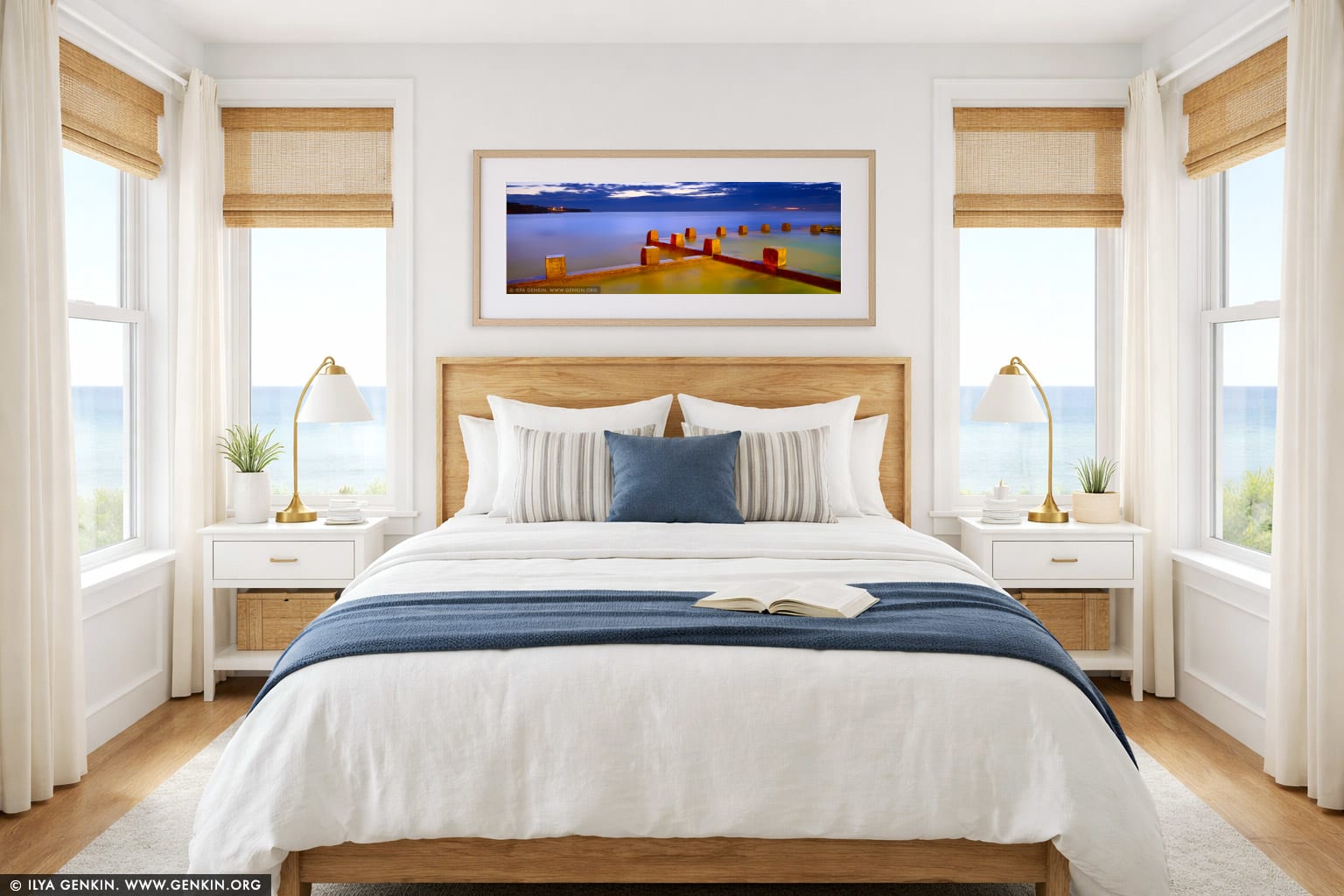 Coogee Beach Tidal Pool at Sunrise wall art in a bedroom interior