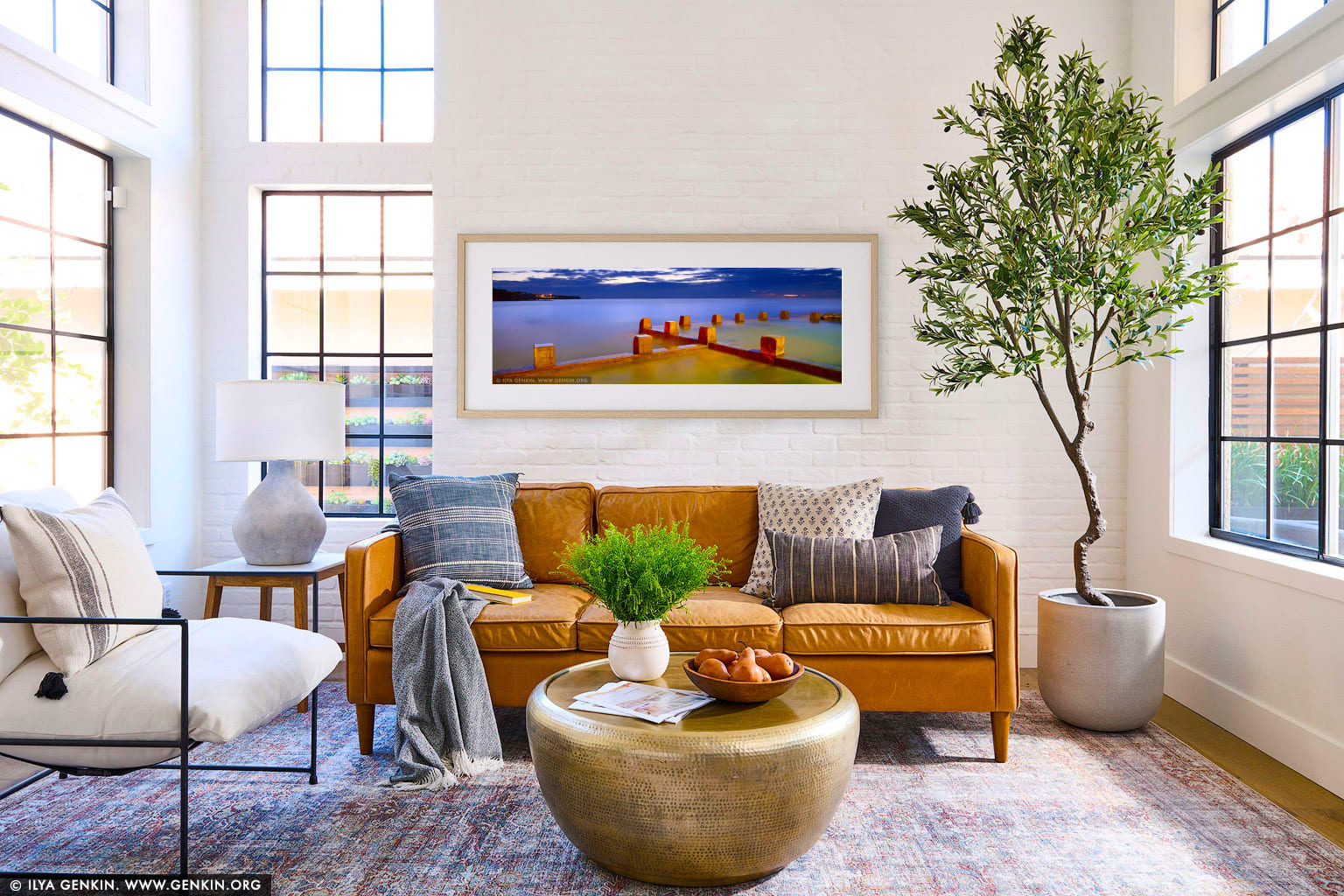 Coogee Beach Tidal Pool at Sunrise wall art in a minimalist living room interior