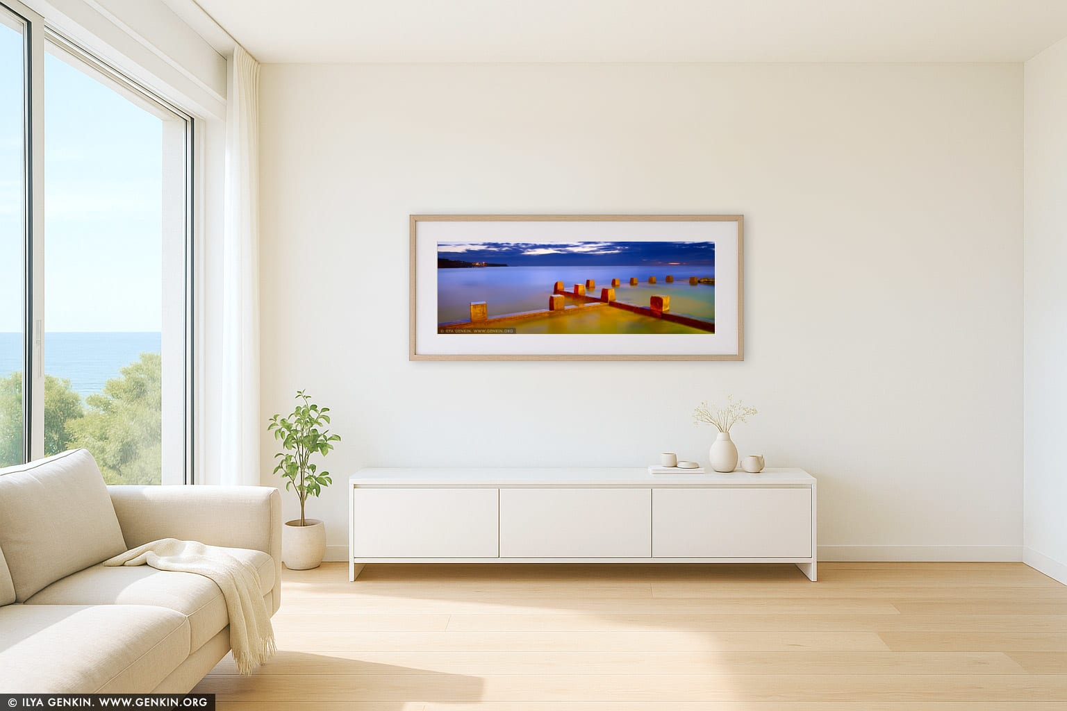 Coogee Beach Tidal Pool at Sunrise wall art in a minimalist living room interior
