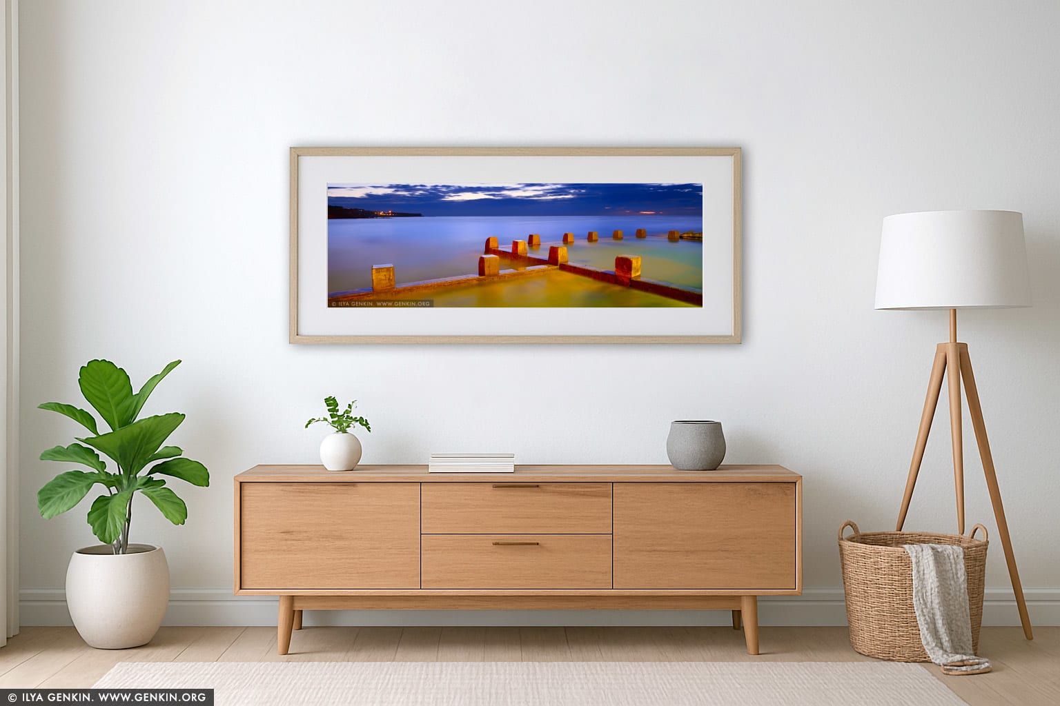 Coogee Beach Tidal Pool at Sunrise wall art in a luxury living room interior