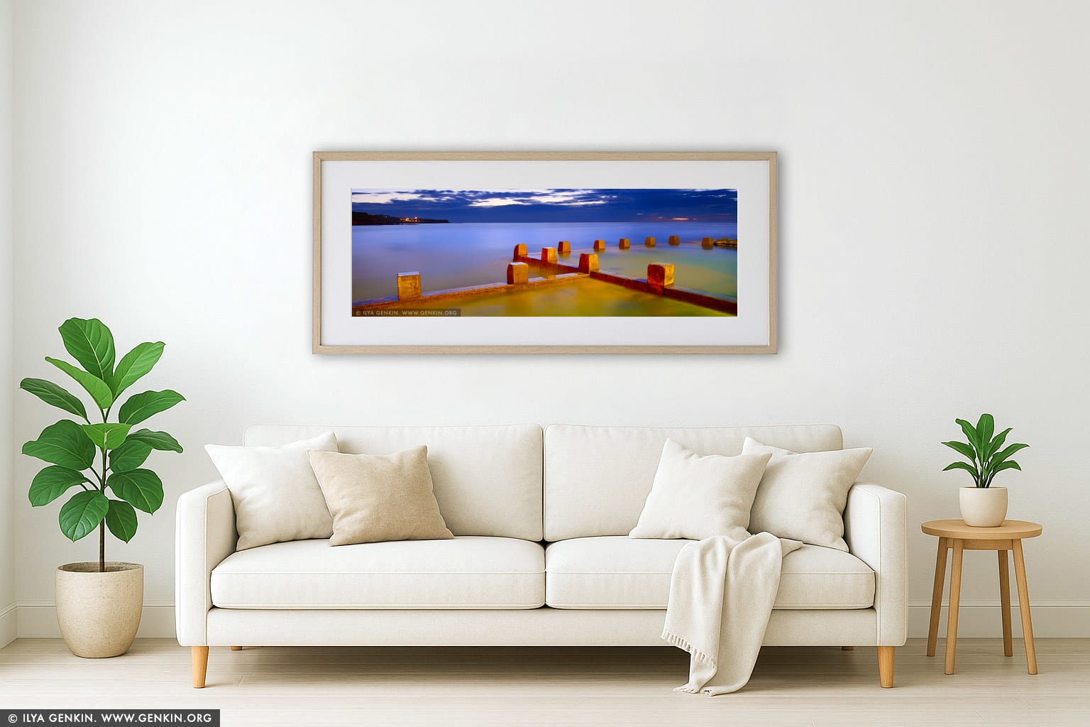 Coogee Beach Tidal Pool at Sunrise wall art in a contemporary living room interior
