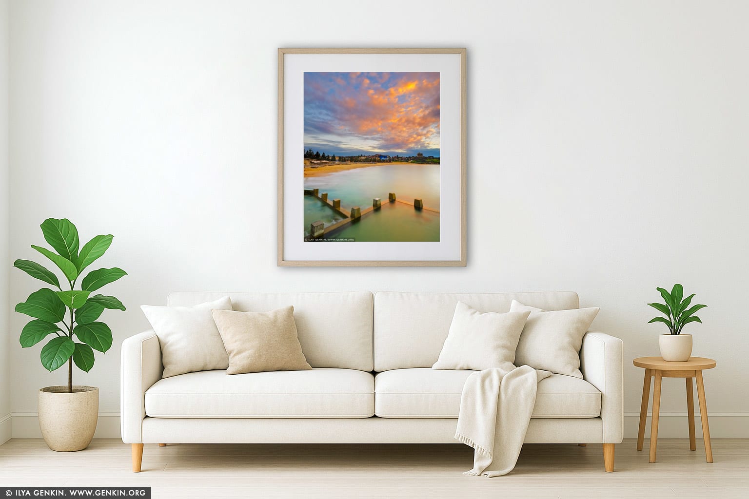 Beautiful Sunrise Above Coogee Beach wall art in a minimalist living room interior
