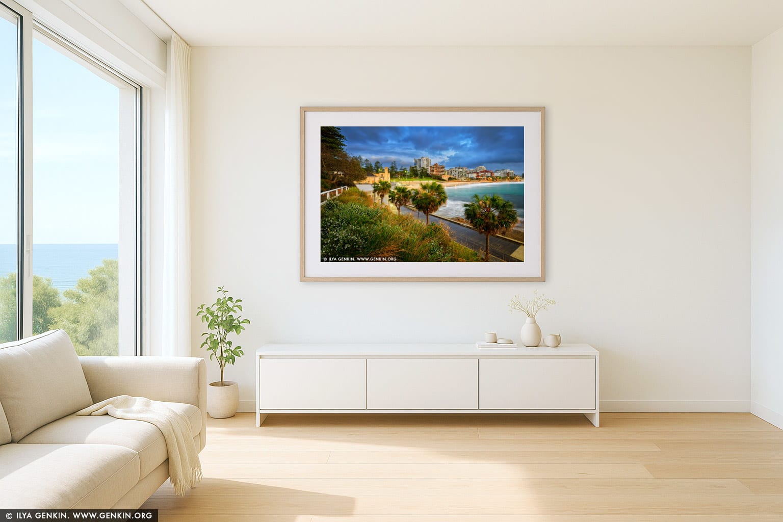 Cronulla Beach on a Stormy Morning wall art in a contemporary living room interior