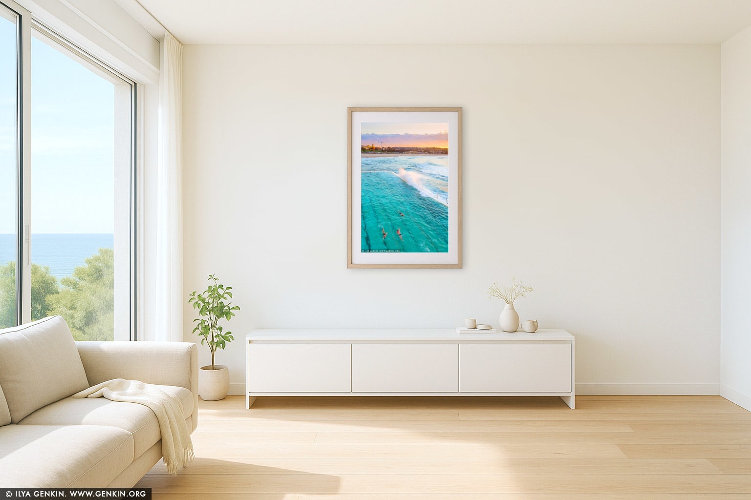 Bondi Beach Icebergs at Sunrise wall art in a minimalist living room interior