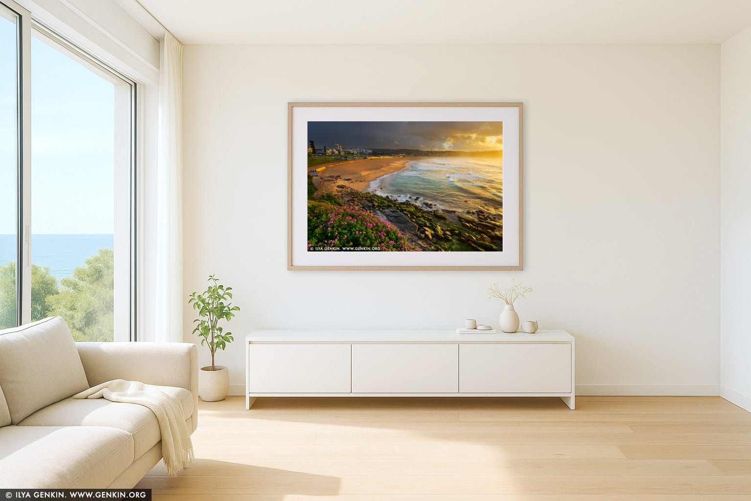 Stormy Sunrise at Bondi Beach wall art in a luxury living room interior