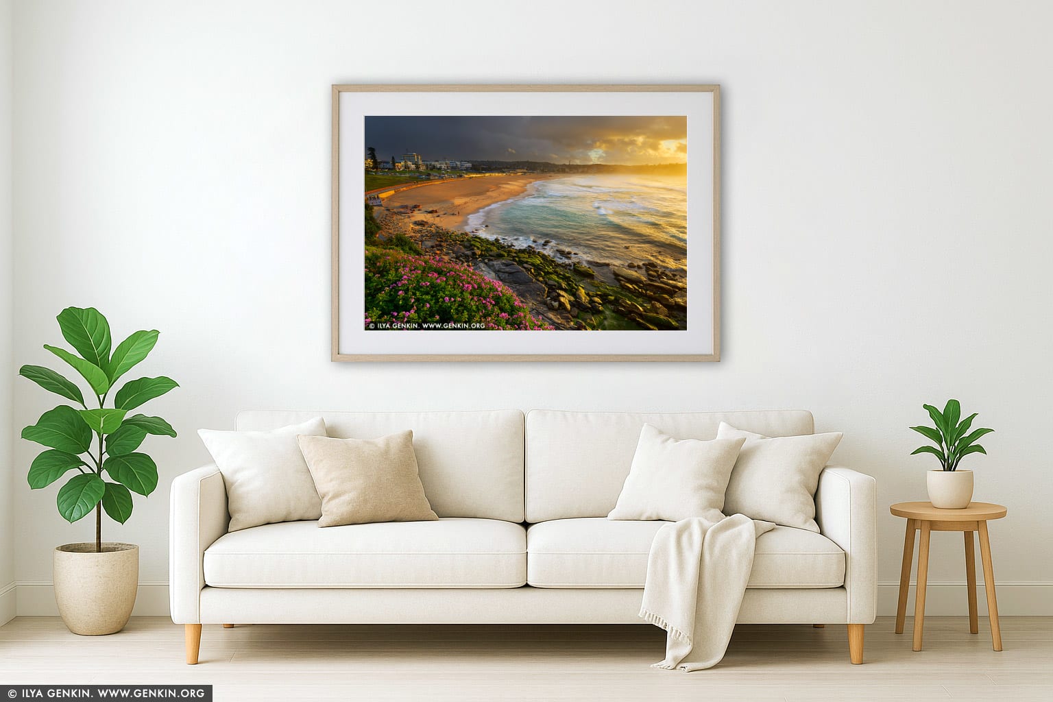 Stormy Sunrise at Bondi Beach wall art in a minimalist living room interior