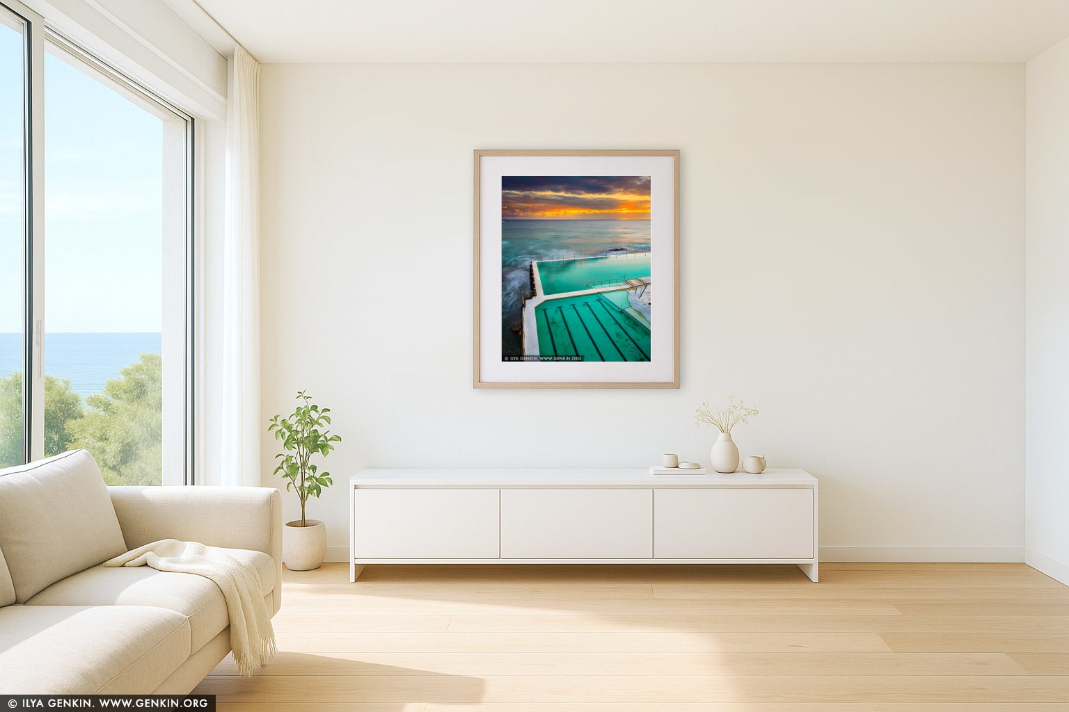 Sunrise at Bondi Icebergs wall art in a modern living room interior