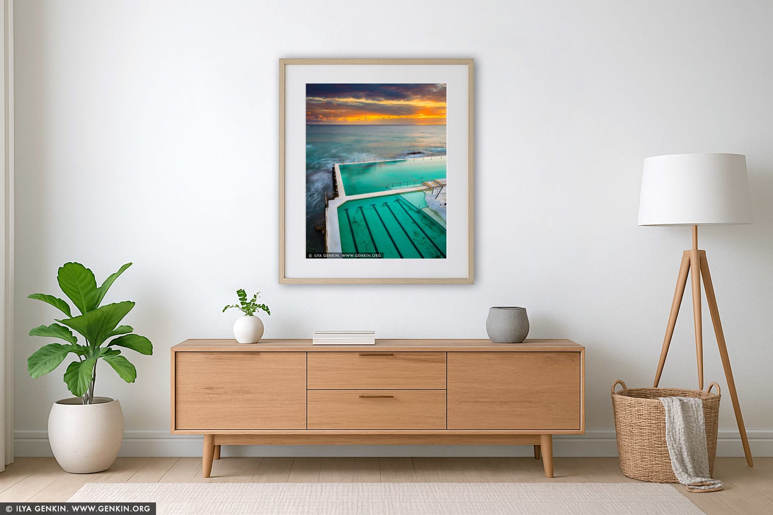 Sunrise at Bondi Icebergs wall art in a contemporary living room interior
