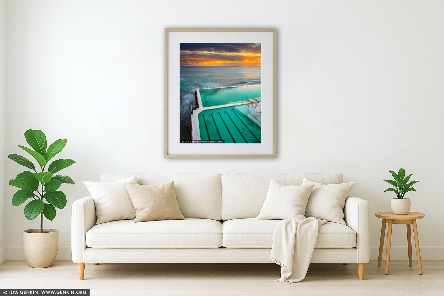 Sunrise at Bondi Icebergs wall art in a luxury living room interior