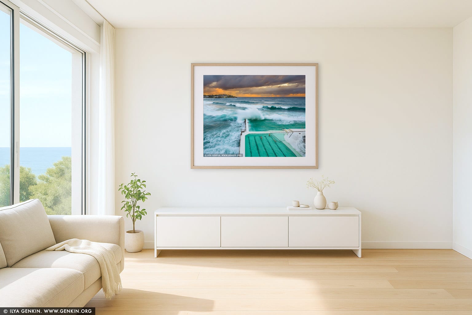 Waves Crushing at Bondi Icebergs wall art in a minimalist living room interior