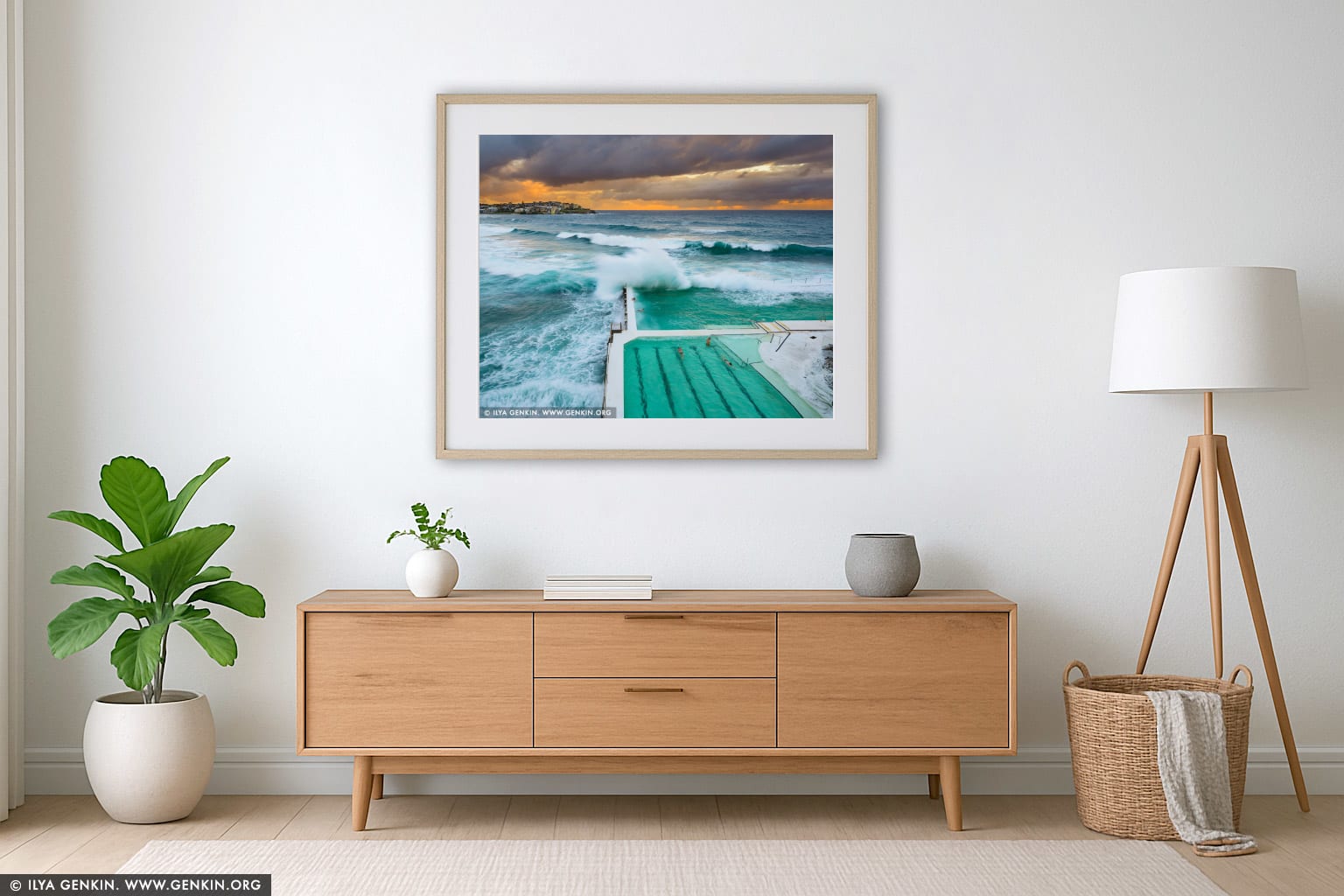 Waves Crushing at Bondi Icebergs wall art in a luxury living room interior