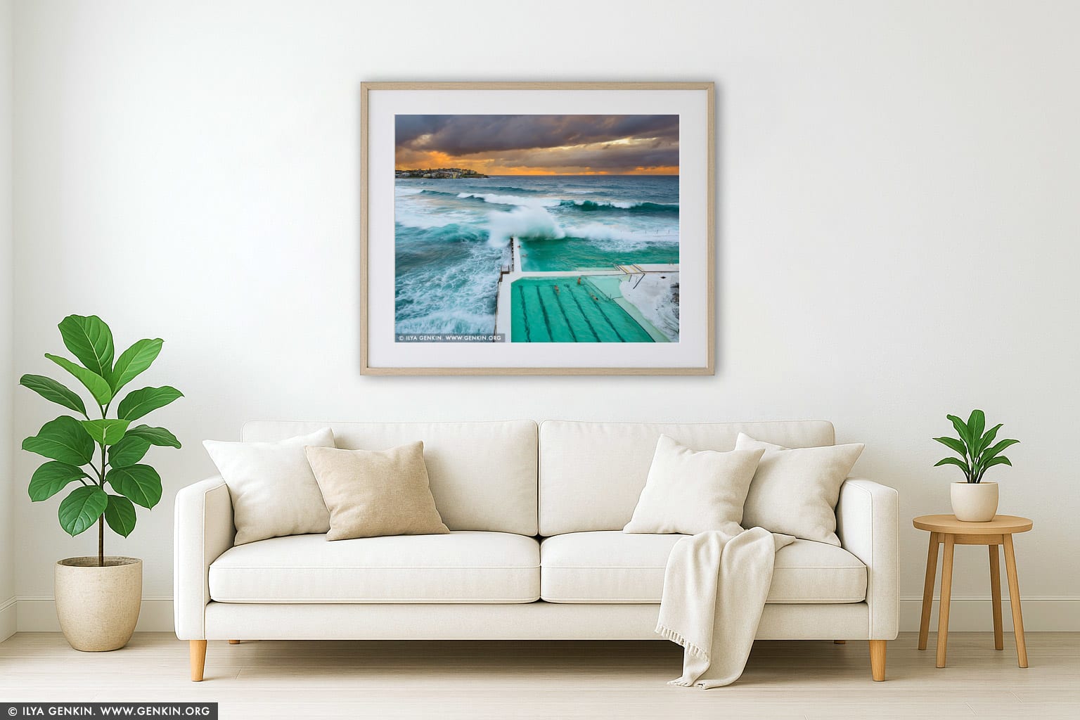 Waves Crushing at Bondi Icebergs wall art in a contemporary living room interior