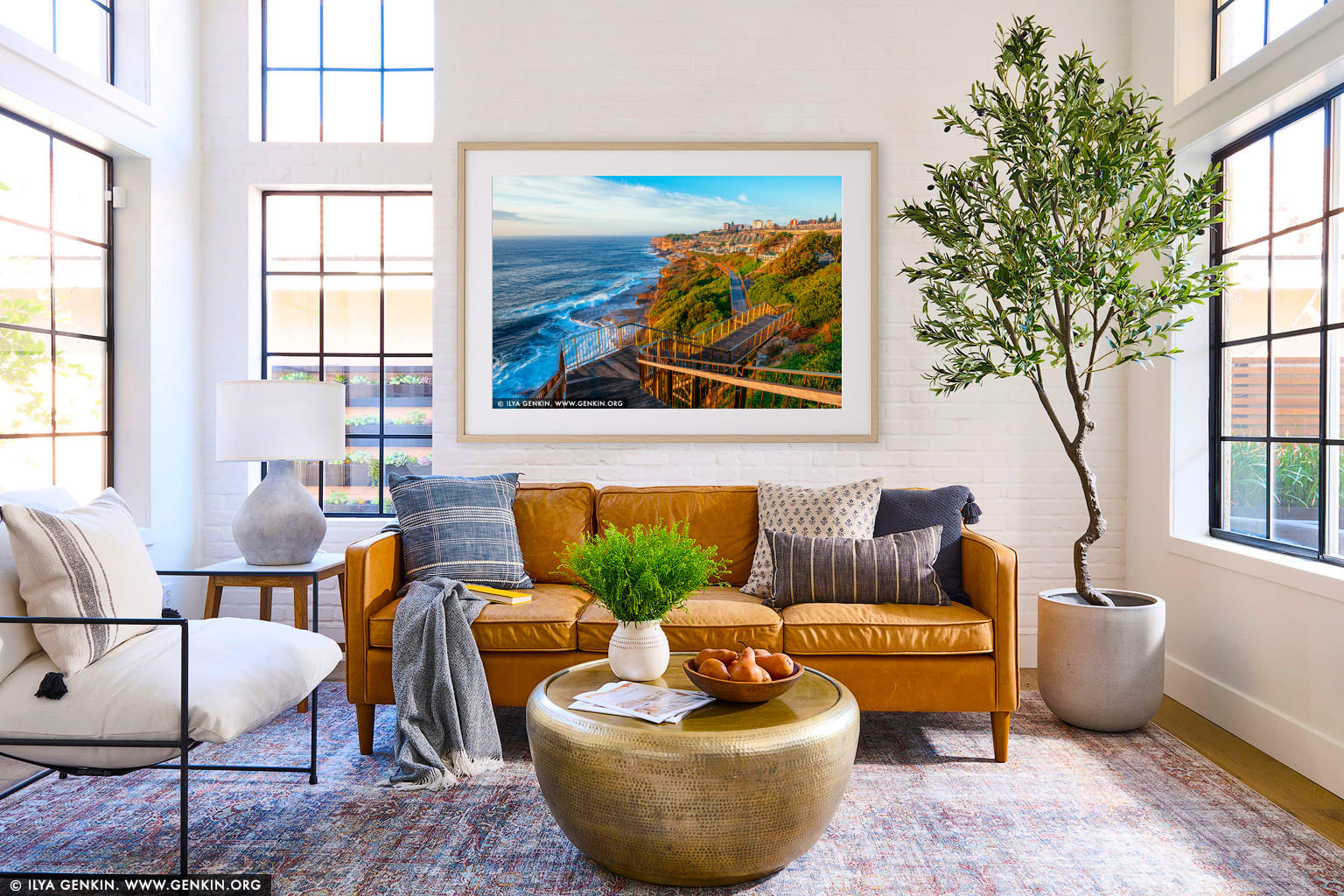 Golden Morning Along the Bondi to Coogee Walk wall art in a contemporary living room interior