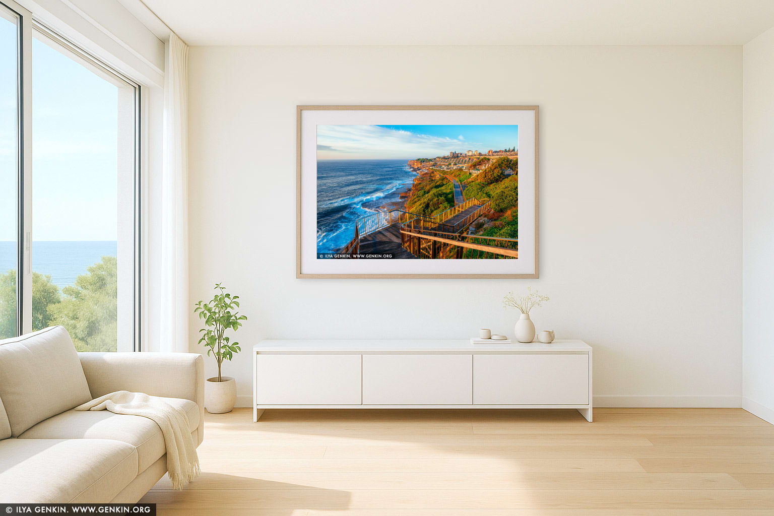 Golden Morning Along the Bondi to Coogee Walk wall art in a contemporary living room interior