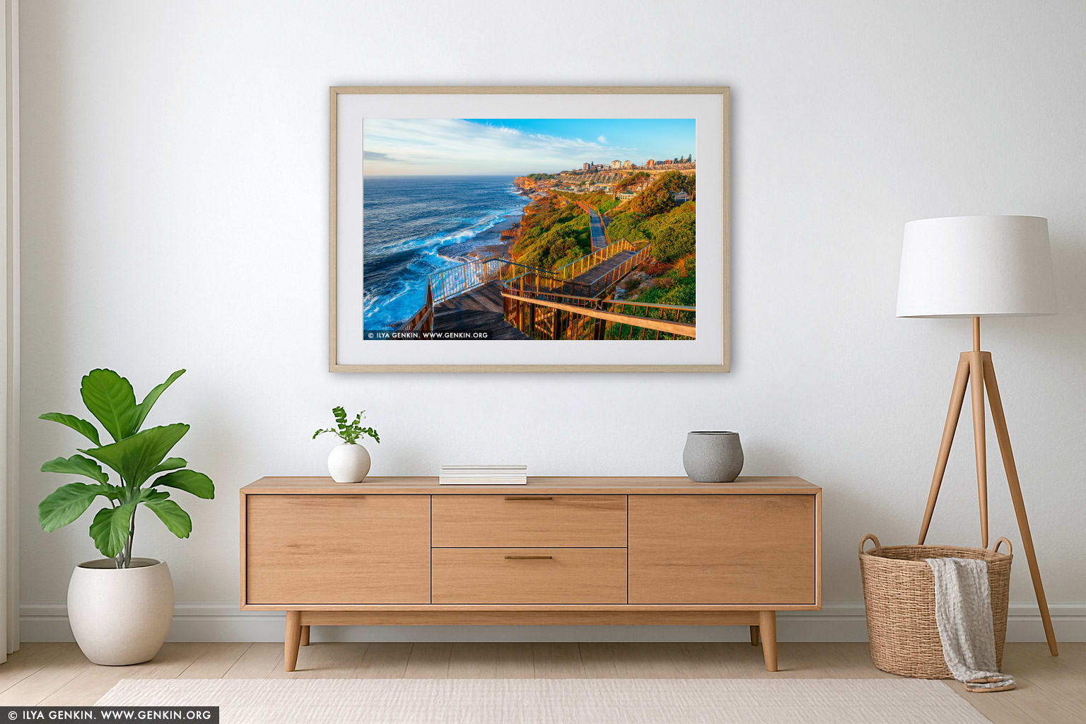 Golden Morning Along the Bondi to Coogee Walk wall art in a minimalist living room interior