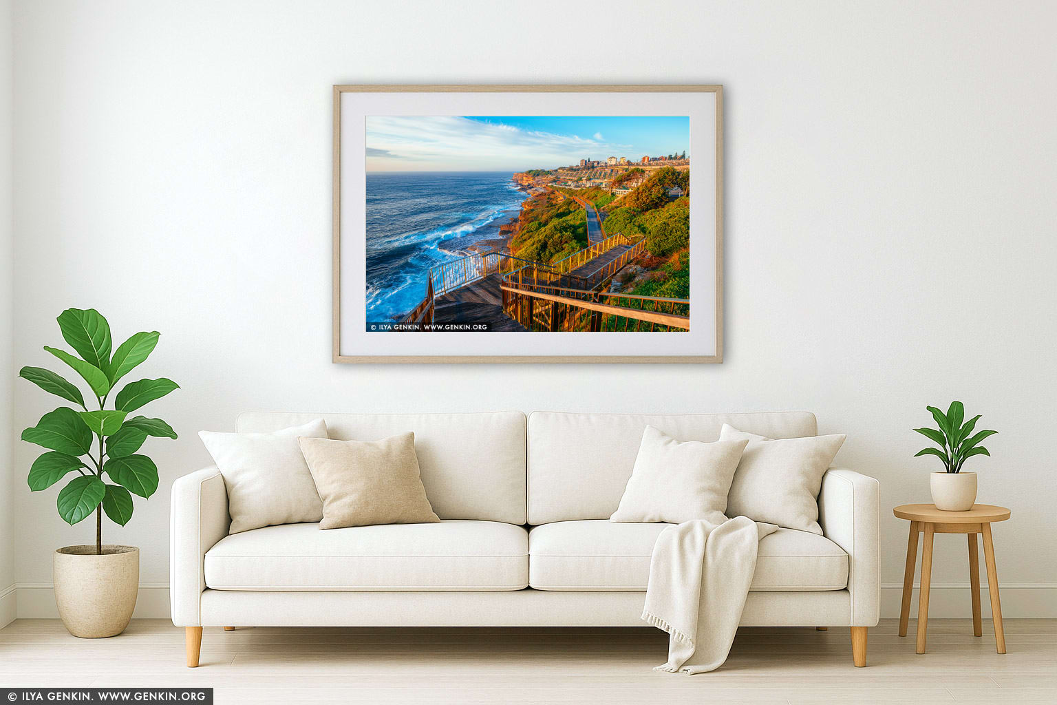 Golden Morning Along the Bondi to Coogee Walk wall art in a modern living room interior