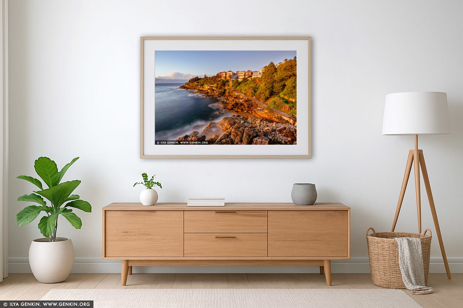 Golden Stillness Above Bondi's Southern Headland wall art in a modern living room interior