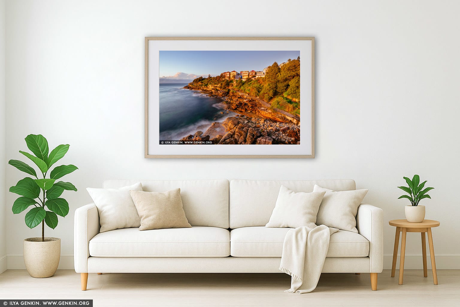 Golden Stillness Above Bondi's Southern Headland wall art in a minimalist living room interior