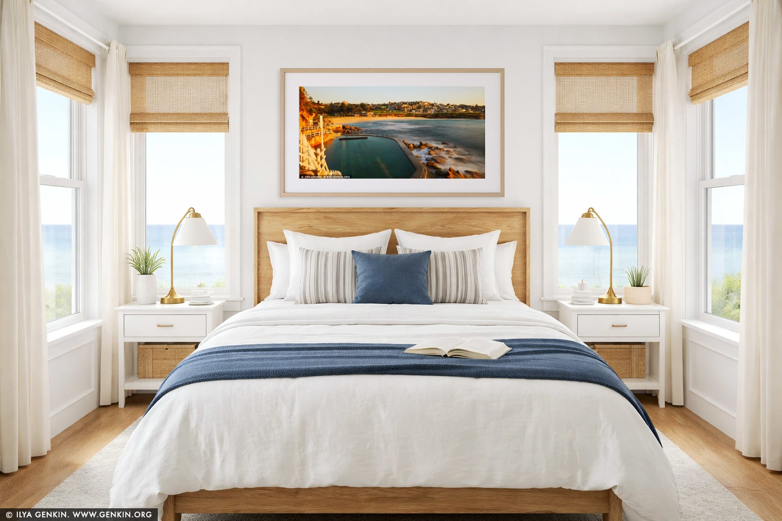Bronte Swimming Pool at Sunrise wall art in a bedroom interior