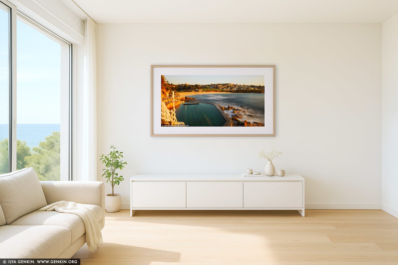 Bronte Swimming Pool at Sunrise wall art in a contemporary living room interior