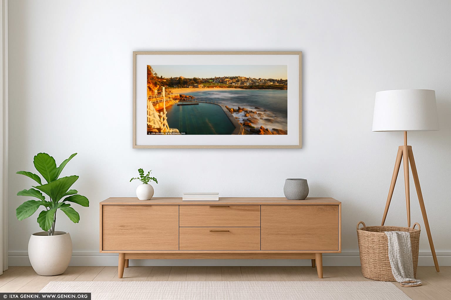 Bronte Swimming Pool at Sunrise wall art in a minimalist living room interior