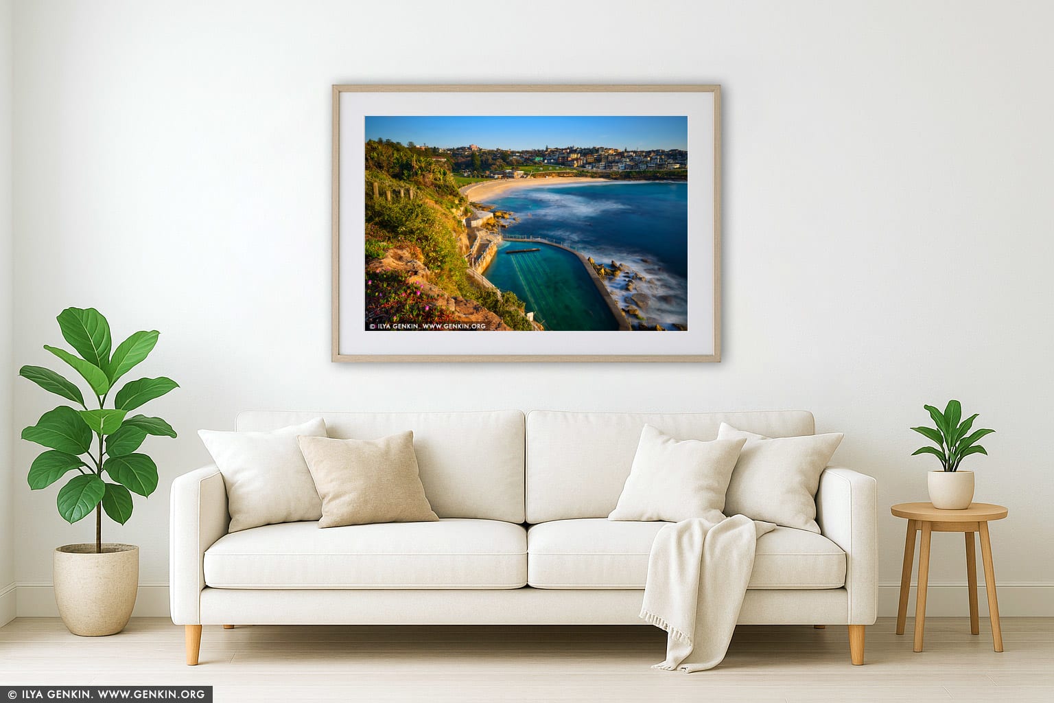 Bronte Beach at Sunrise wall art in a contemporary living room interior
