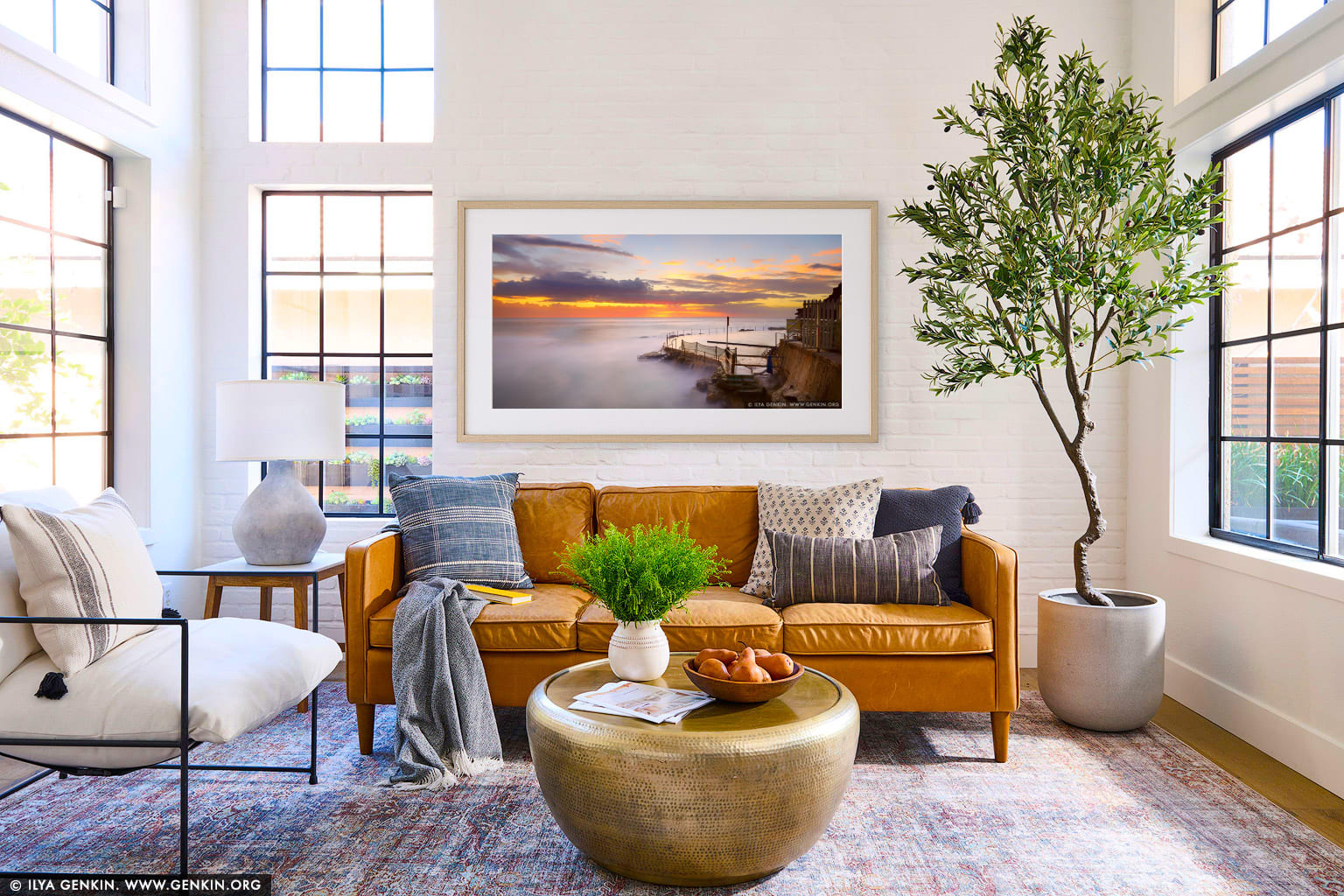Beautiful Sunrise at Bronte Baths wall art in a luxury living room interior