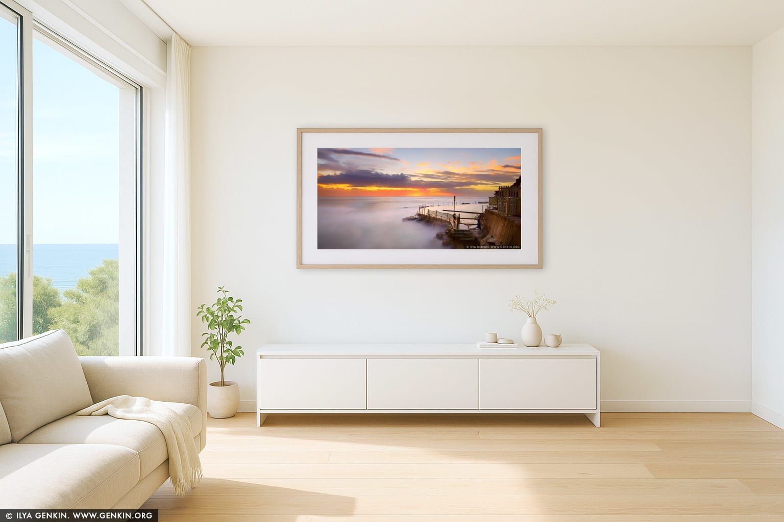 Beautiful Sunrise at Bronte Baths wall art in a luxury living room interior
