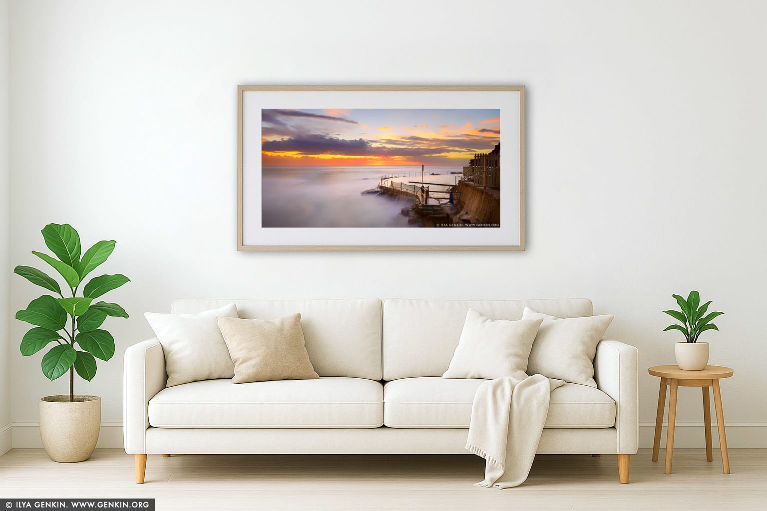 Beautiful Sunrise at Bronte Baths wall art in a minimalist living room interior