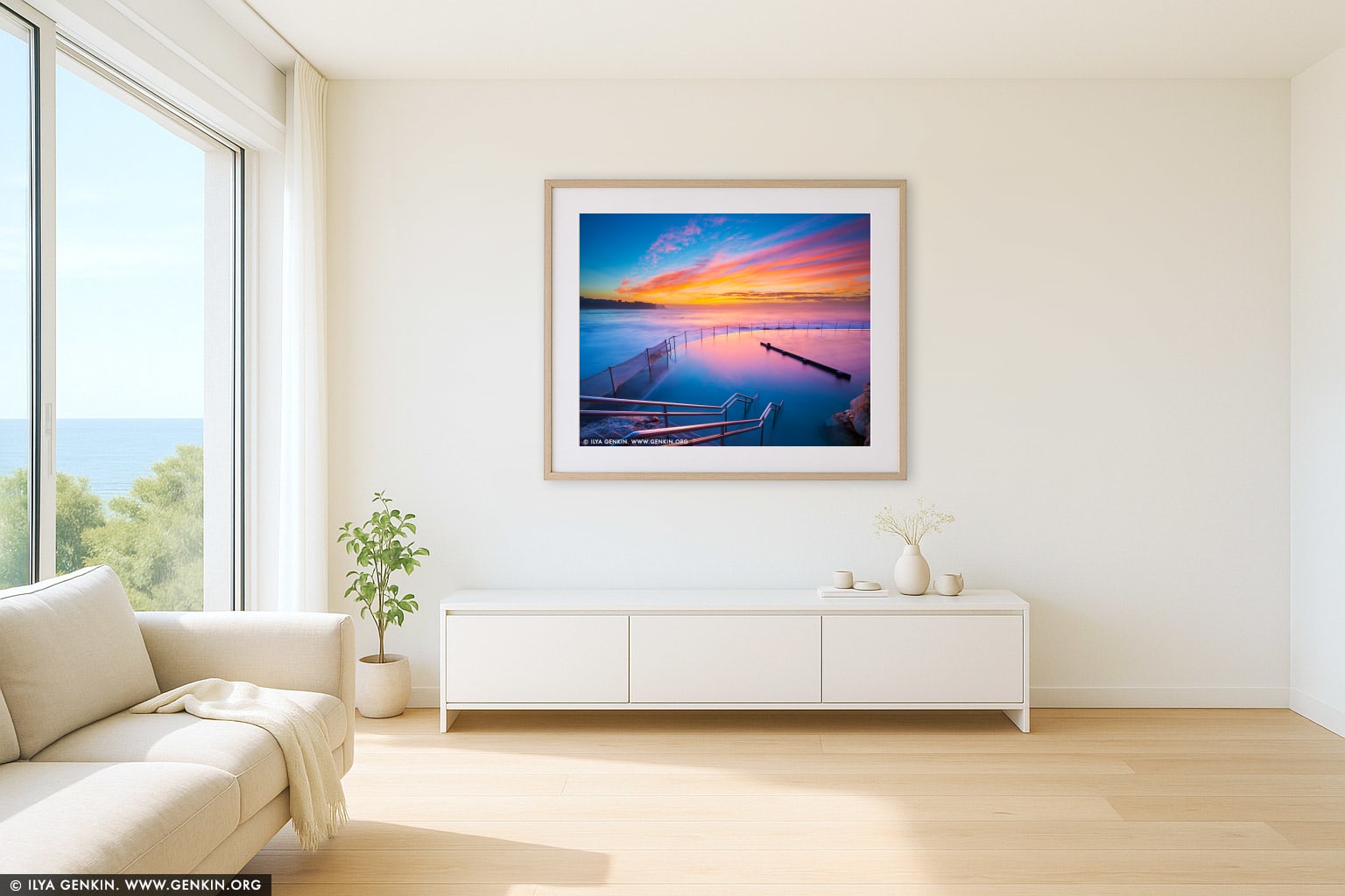 Beautiful Sunrise at Bronte Baths wall art in a luxury living room interior