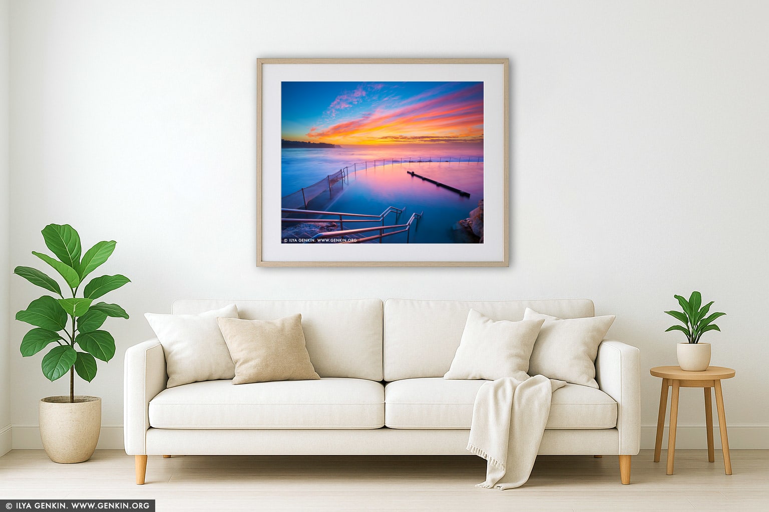 Beautiful Sunrise at Bronte Baths wall art in a minimalist living room interior