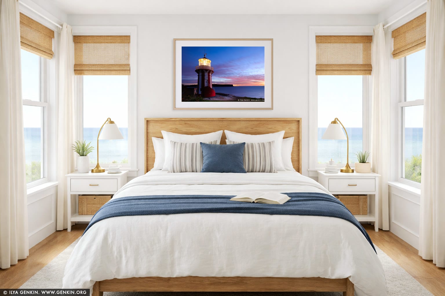 Hornby Lighthouse at Sunrise wall art in a bedroom interior