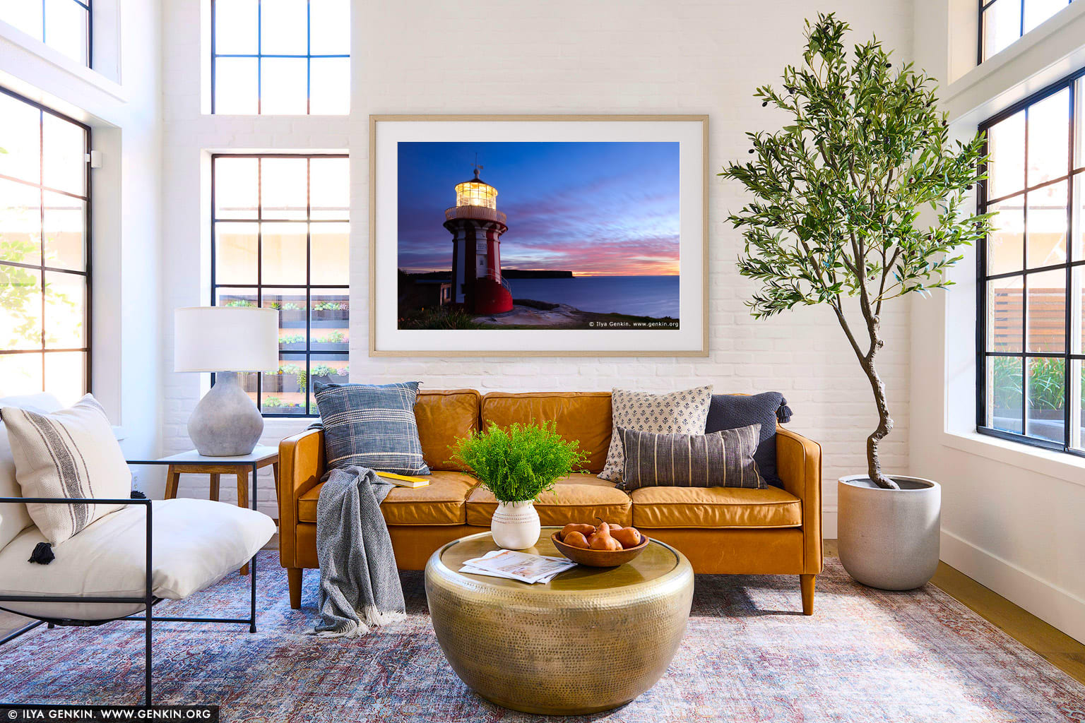 Hornby Lighthouse at Sunrise wall art in a contemporary living room interior