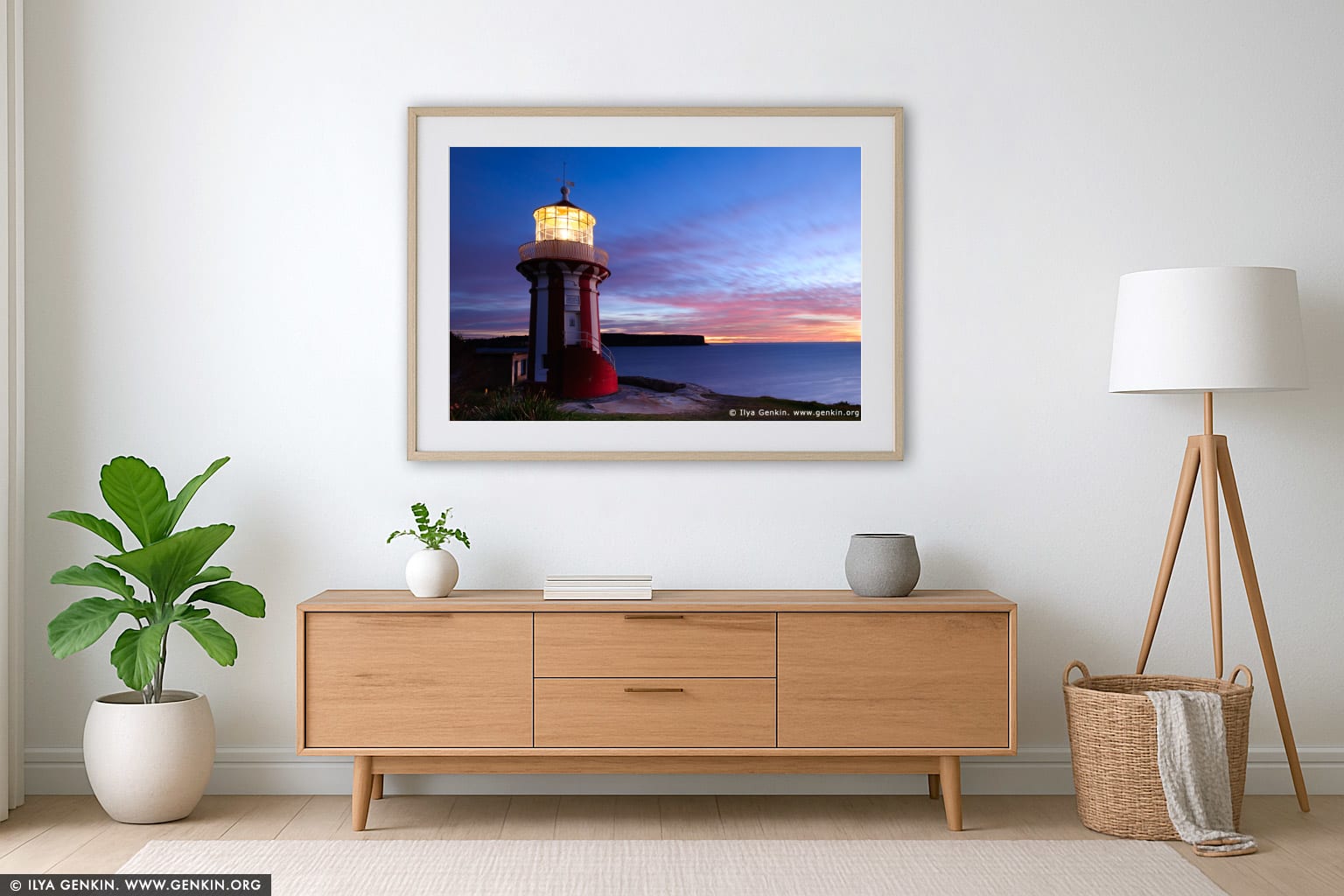 Hornby Lighthouse at Sunrise wall art in a minimalist living room interior