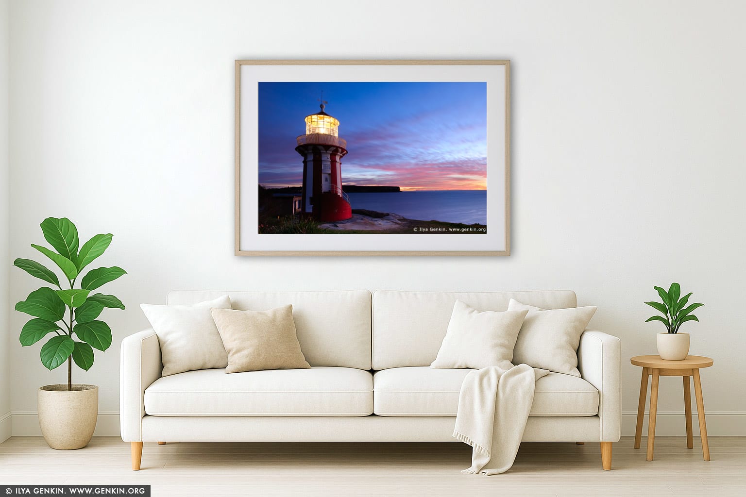 Hornby Lighthouse at Sunrise wall art in a modern living room interior