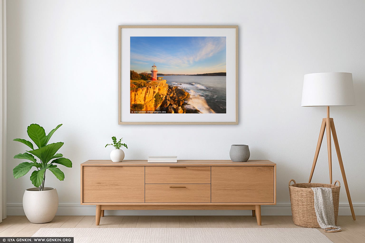 Hornby Lighthouse at Sunrise wall art in a modern living room interior