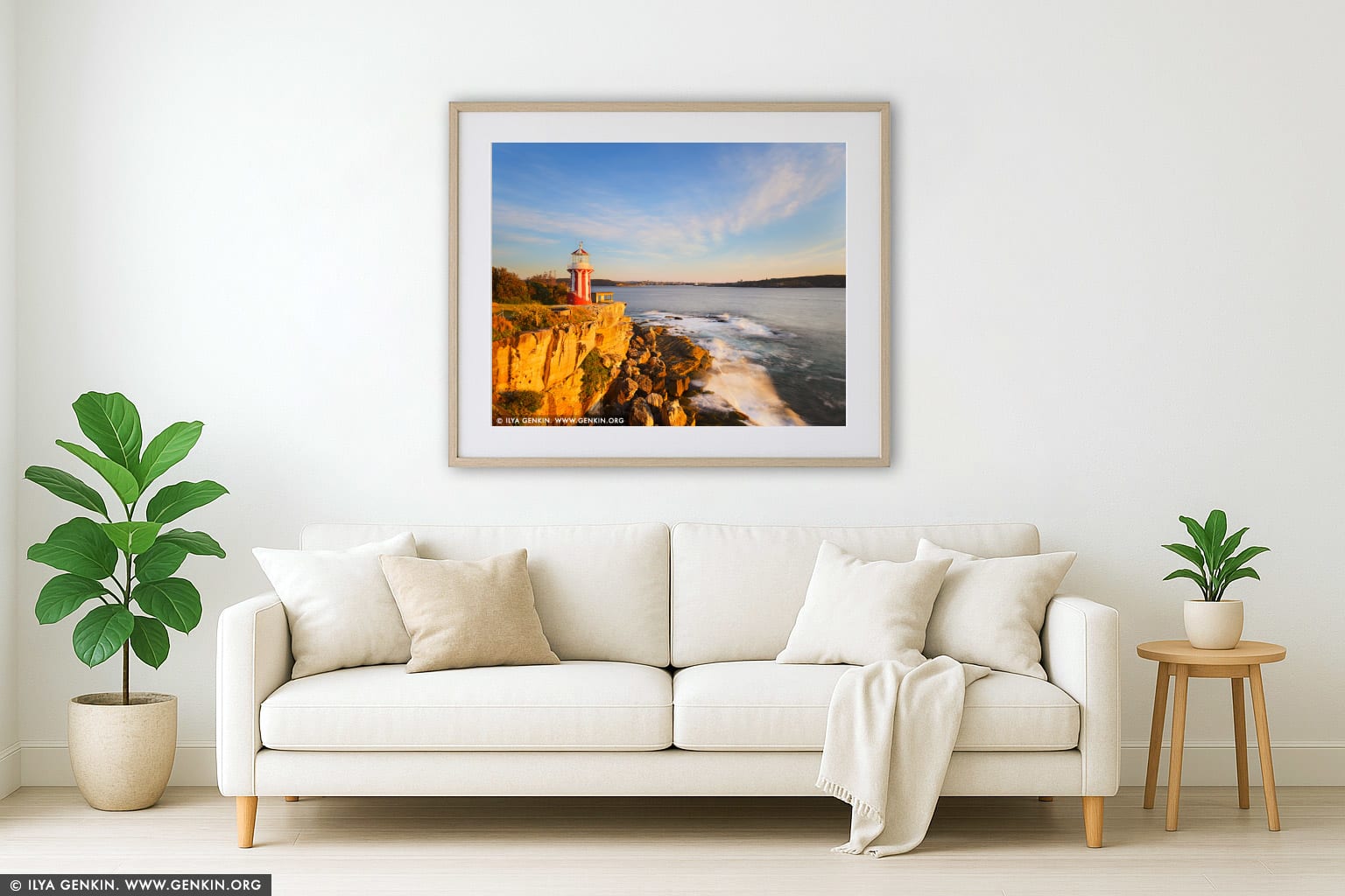 Hornby Lighthouse at Sunrise wall art in a minimalist living room interior