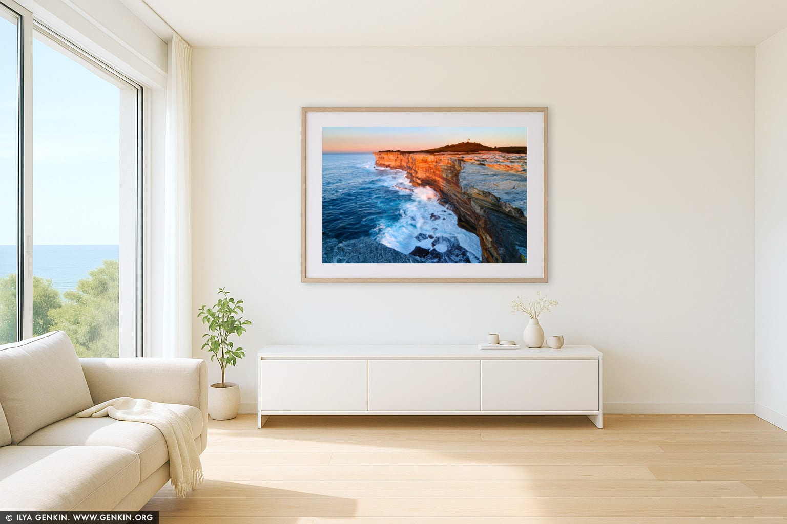 Cape Bailey at Sunrise wall art in a contemporary living room interior