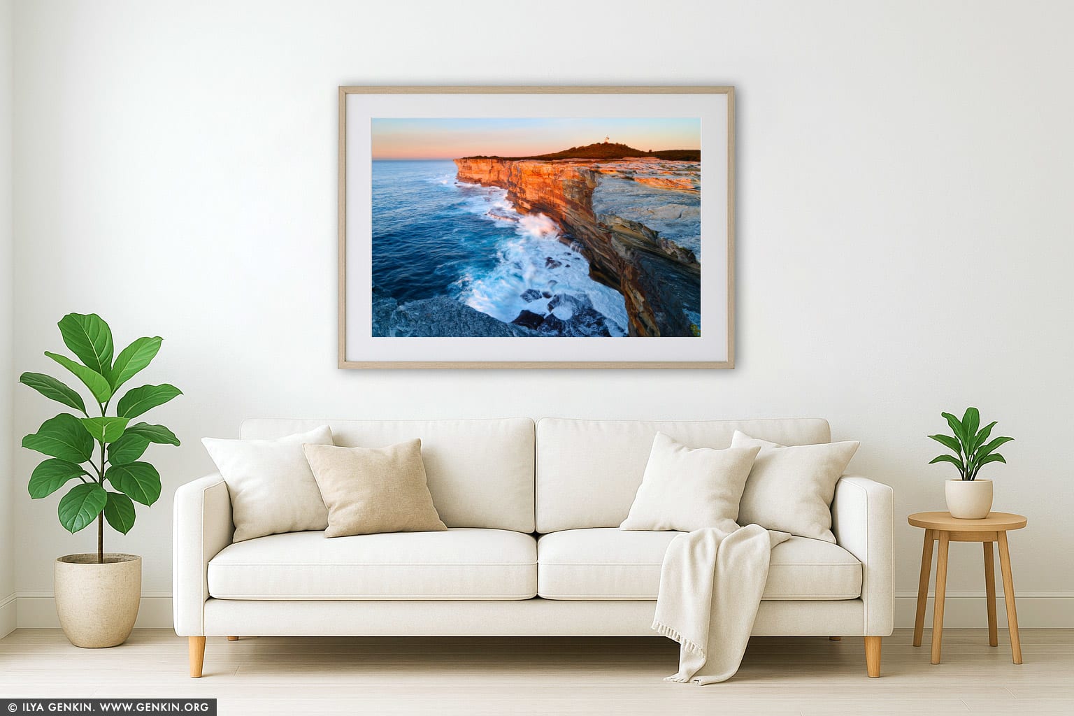 Cape Bailey at Sunrise wall art in a modern living room interior