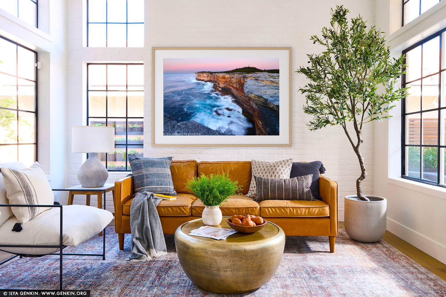 Sunrise at Cape Bailey wall art in a minimalist living room interior