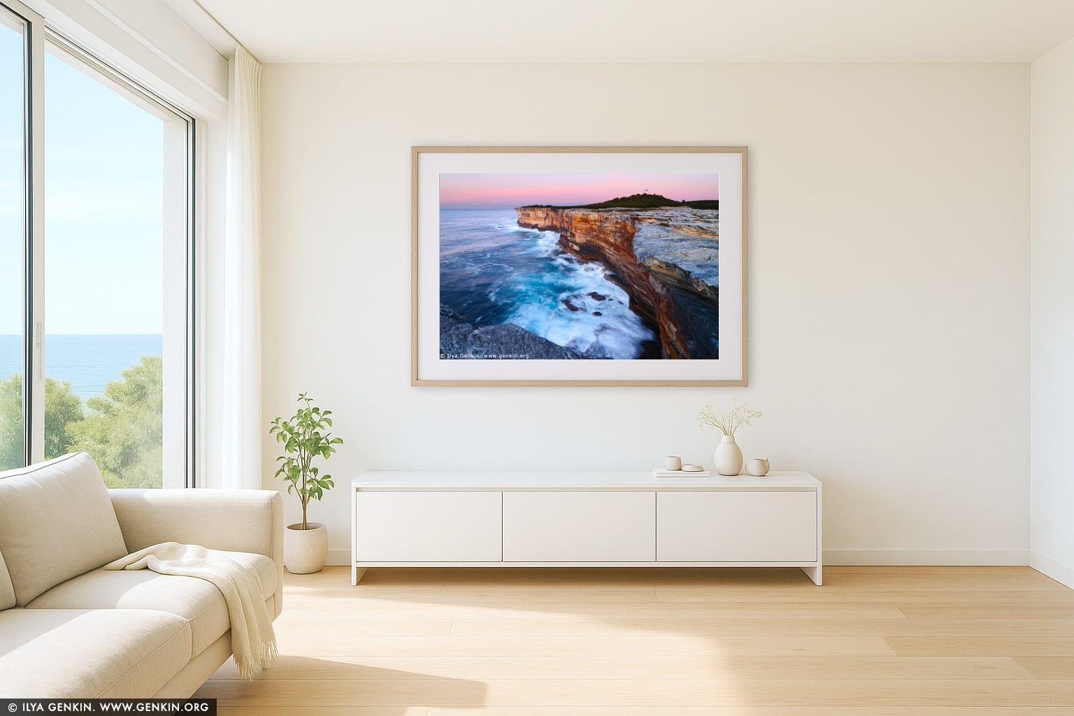 Sunrise at Cape Bailey wall art in a minimalist living room interior