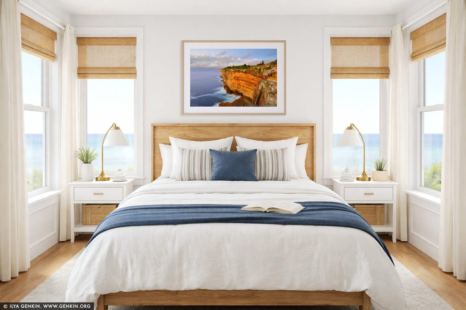 The Macquarie Lighthouse and Cliff wall art in a bedroom interior
