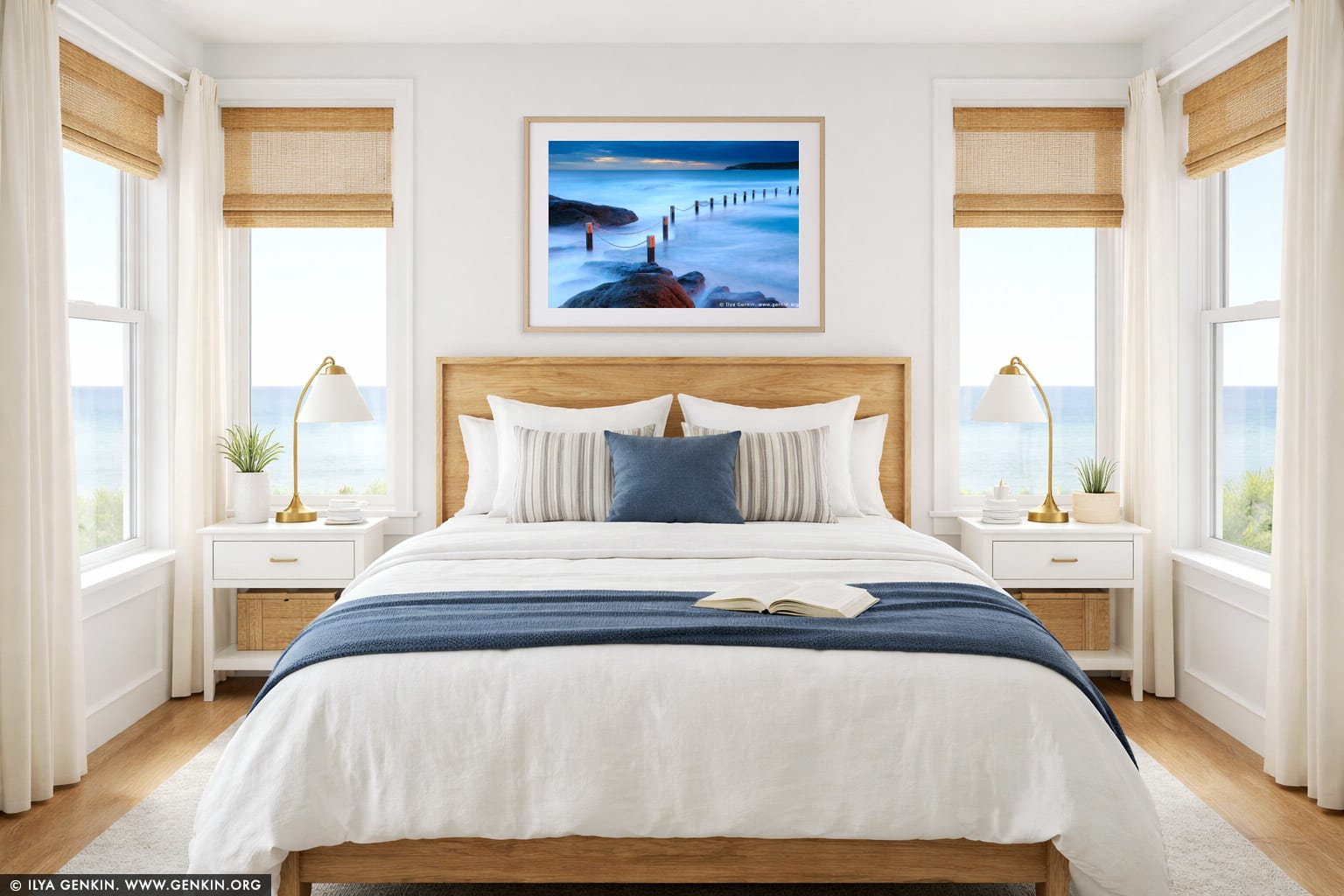 Mahon Tidal Pool at Sunrise wall art in a bedroom interior