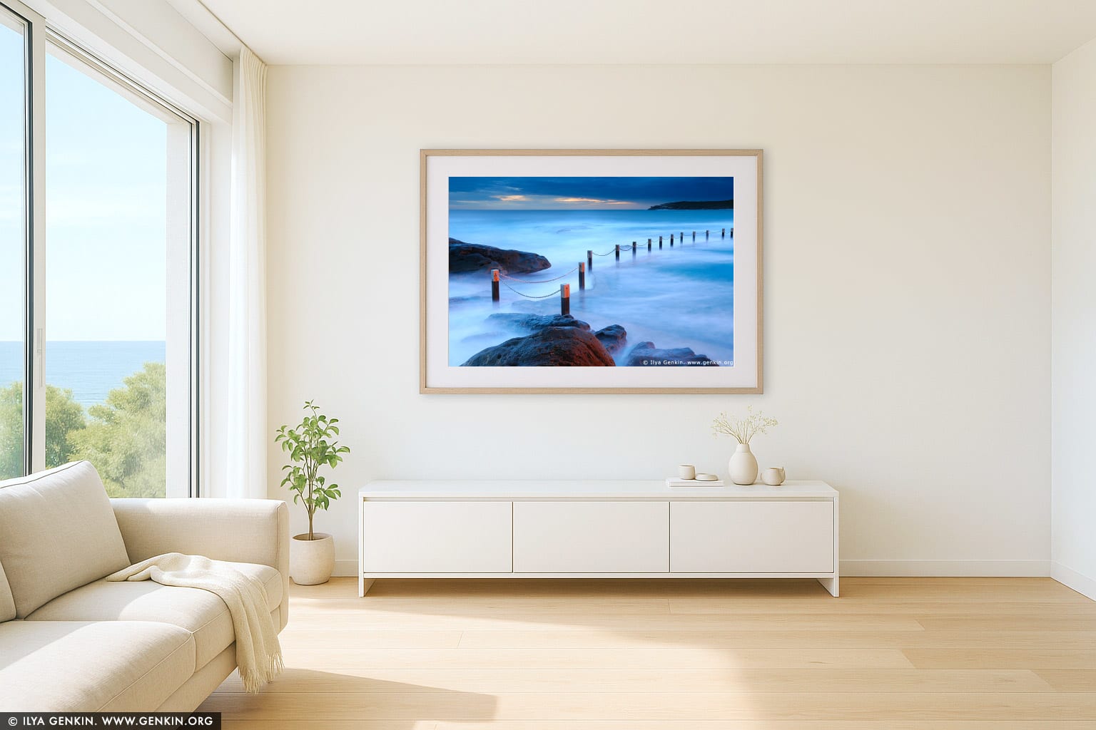 Mahon Tidal Pool at Sunrise wall art in a contemporary living room interior