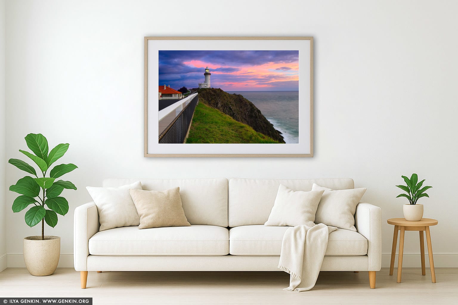Storm Clouds above Cape Byron Lighthouse at Sunrise wall art in a modern living room interior